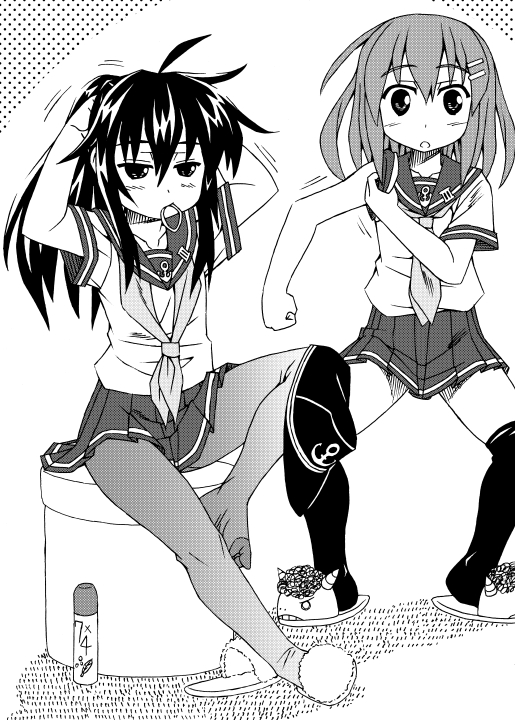 2girls, adjusting_hair, akatsuki_(kantai_collection), hair_ornament, hairclip, hat, hat_removed, headwear_removed, ikazuchi_(kantai_collection), kantai_collection, long_hair, mouth_hold, multiple_girls, neckerchief, nonoderamink, open_mouth, pantyhose, school_uniform, serafuku, short_hair, sitting_on_water, skirt, thigh-highs, tying_hair