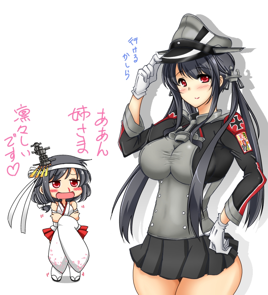 2girls, anchor_hair_ornament, black_hair, blood, blush, breasts, cosplay, cowboy_shot