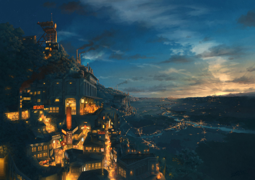 city_lights, highres, landscape, no_humans, original, pochi_(poti1990), river, scenery