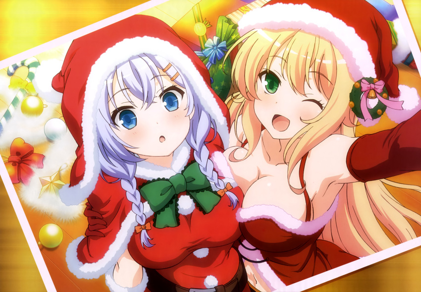 2girls, absurdres, blonde_hair, blue_eyes, blue_hair, breasts, cleavage, girlfriend_(kari)