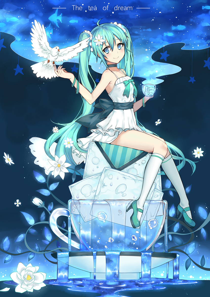 1girl, ahoge, aqua_eyes, aqua_hair, bird, black_box, choker, cup