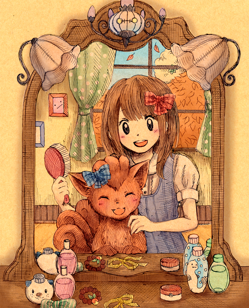 1girl, bangs, black_eyes, blush, bow, brown_hair, cameo, chandelure