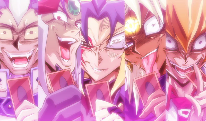 5boys, blonde_hair, card, character_request, dark_skin, male, multicolored_hair, multiple_boys
