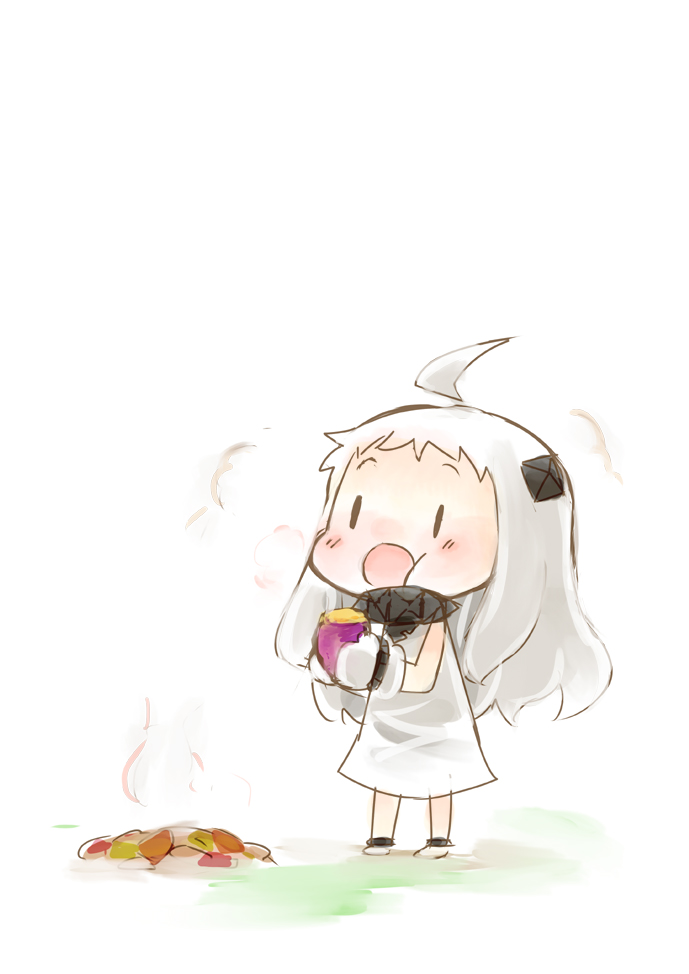 1girl, ahoge, chibi, dress, eating, food, hinata_yuu, holding