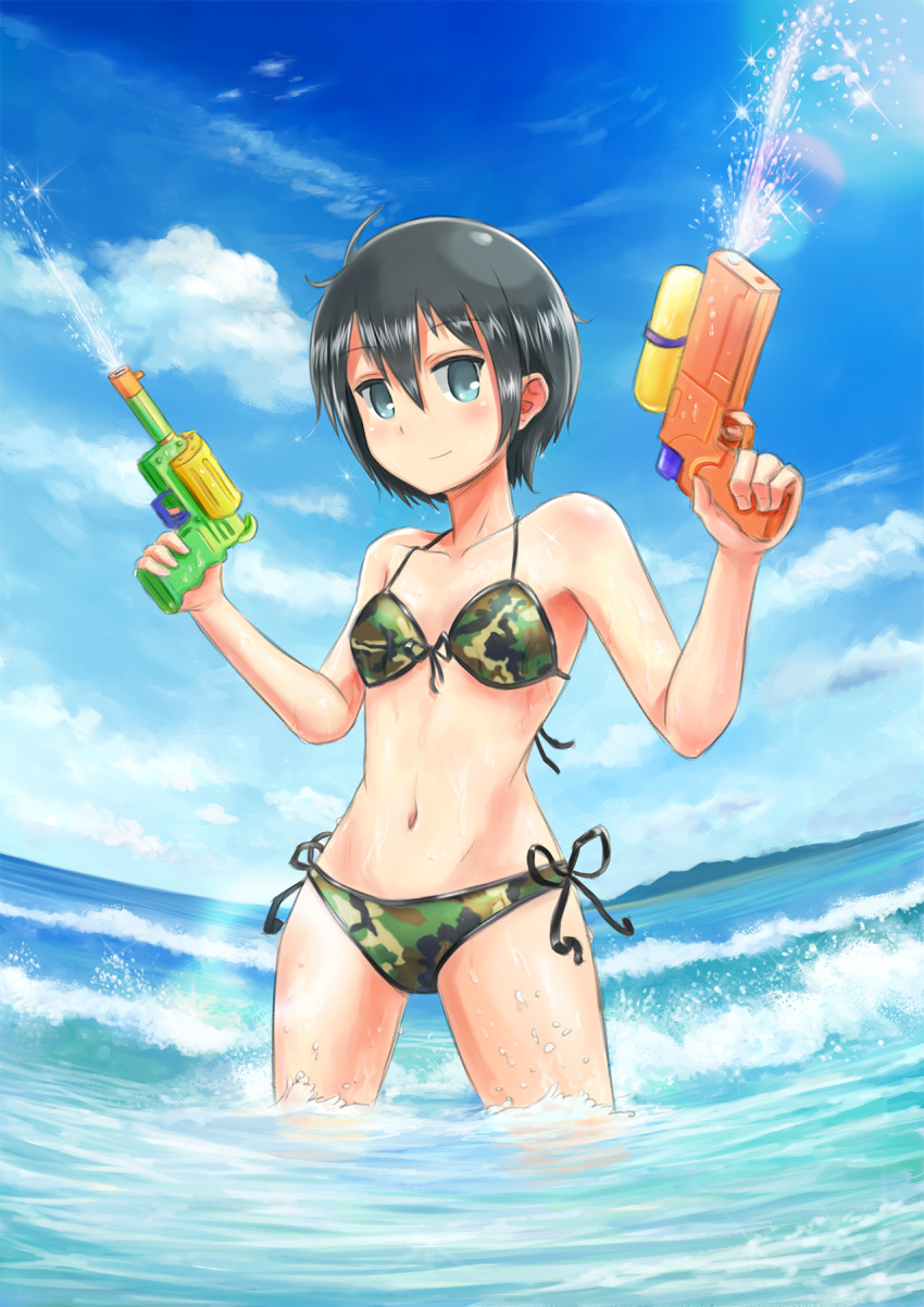 1girl, bikini, black_hair, camouflage, camouflage_bikini, clouds, front-tie_bikini, front-tie_top, highres, kino, kino_no_tabi, looking_at_viewer, short_hair, sky, smile, solo, squirting, swimsuit, tauke, wading, water, water_gun