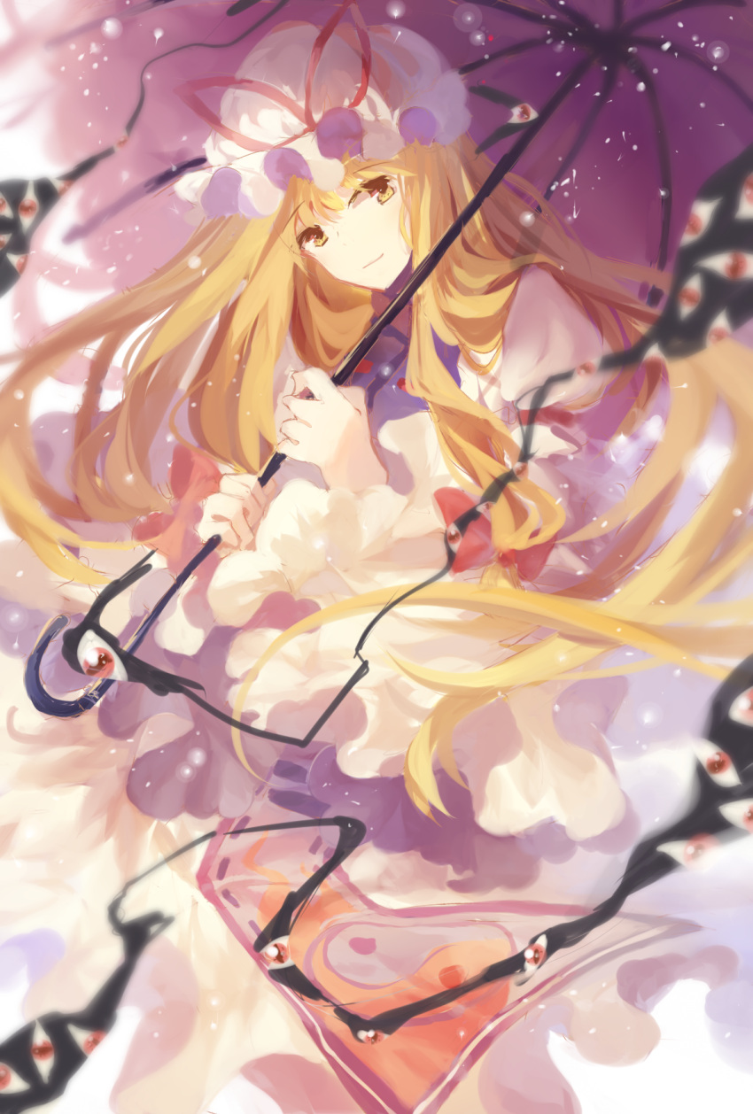 1girl, blonde_hair, dress, gap, hat, hat_ribbon, highres, long_hair