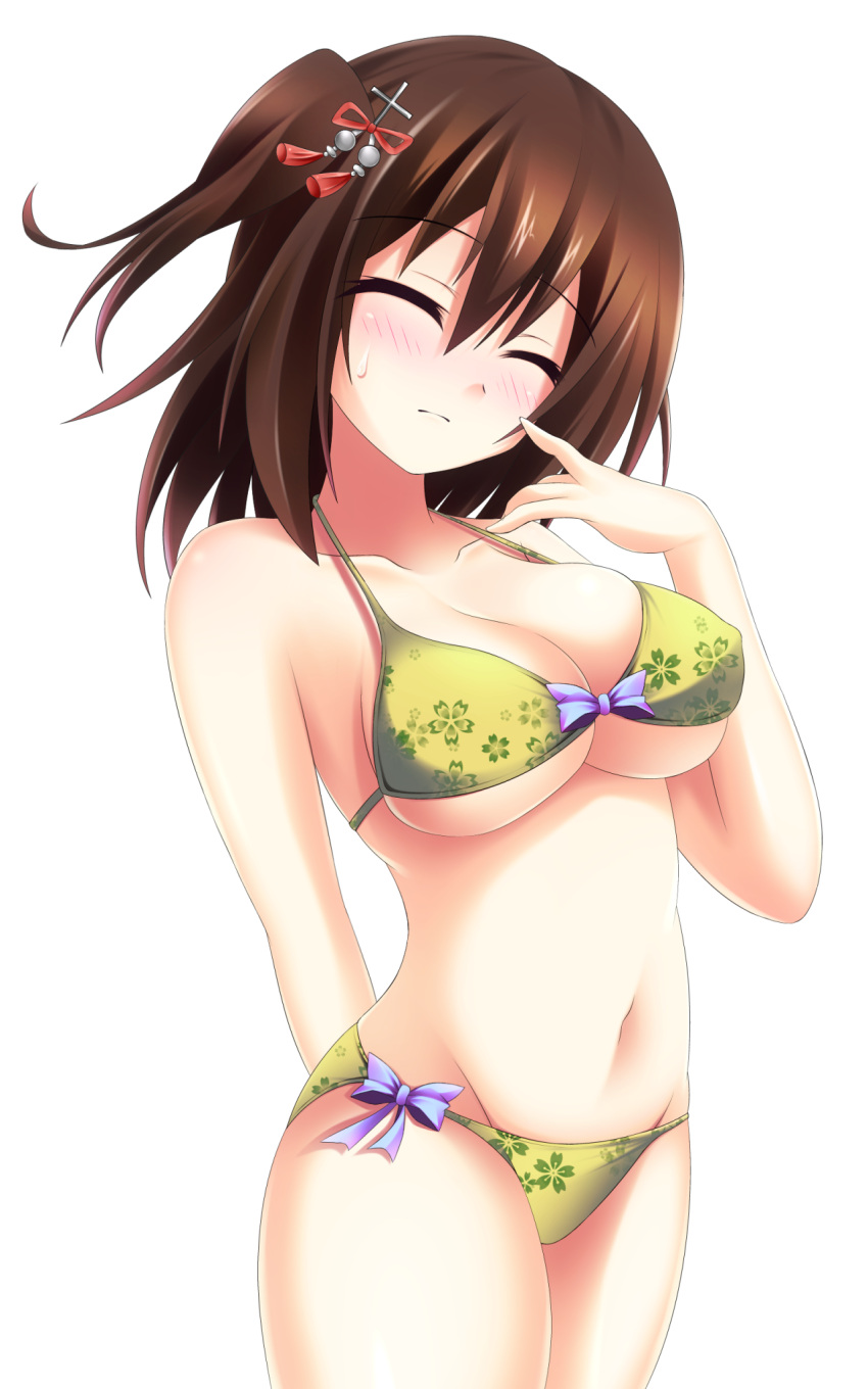 1girl, bikini, blush, breasts, brown_hair, full-face_blush, green_bikini, hair_ornament