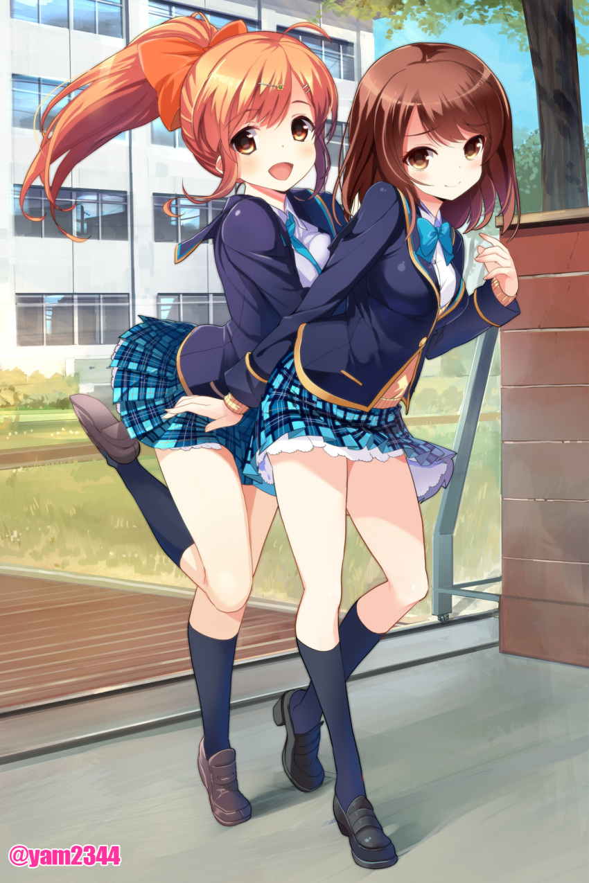 1girl, :d, blazer, bow, brown_eyes, brown_hair, girlfriend_(kari), hair_bow