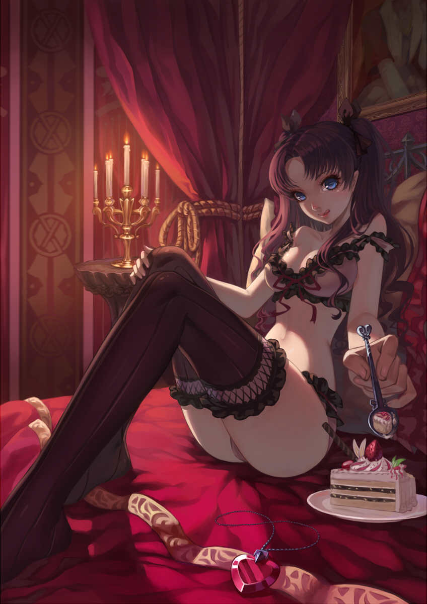 1girl, bare_arms, bed, black_hair, black_legwear, blue_eyes, bojue_yu_yaojing_695657, bra