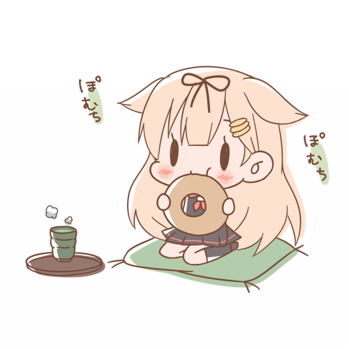 blonde_hair, blush, chibi, cup, cushion, doughnut, eating, hair_ornament, hair_ribbon, hairpin, kantai_collection, lowres, momoniku_(taretare-13), ribbon, school_uniform, seiza, serafuku, sitting, tea, teacup, yuudachi_(kantai_collection)