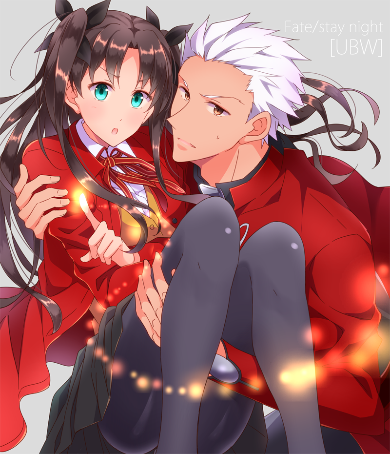 1boy, 1girl, archer, blue_eyes, brown_eyes, carrying, fate/stay_night, fate_(series), iincho_(airi8751), princess_carry, tohsaka_rin, toosaka_rin, two_side_up, white_hair