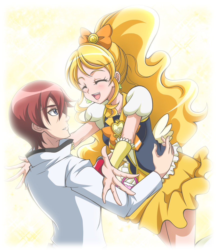 1boy, 1girl, blonde_hair, blue_eyes, bow, bowtie, brooch, closed_eyes