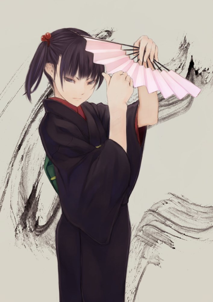 1girl, fan, hair_bobbles, hair_ornament, japanese_clothes, kanden, kimono, lips, original, purple_hair, side_ponytail, solo, violet_eyes