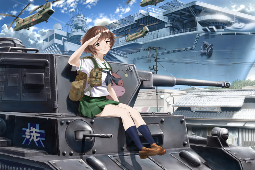 aircraft_carrier, akiyama_yukari, anglerfish, backpack, bag, black_legwear, blush, brown_eyes