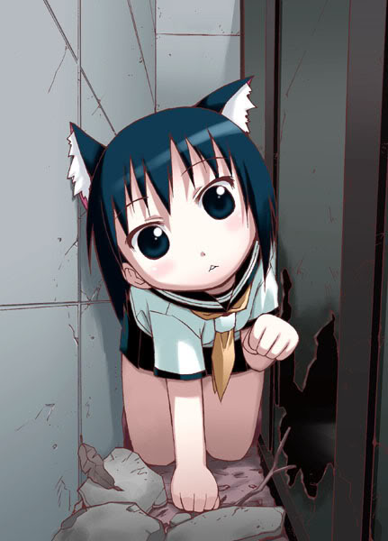 :3, all_fours, alley, animal_ears, artist_request, blush, cat_ears, cat_pose