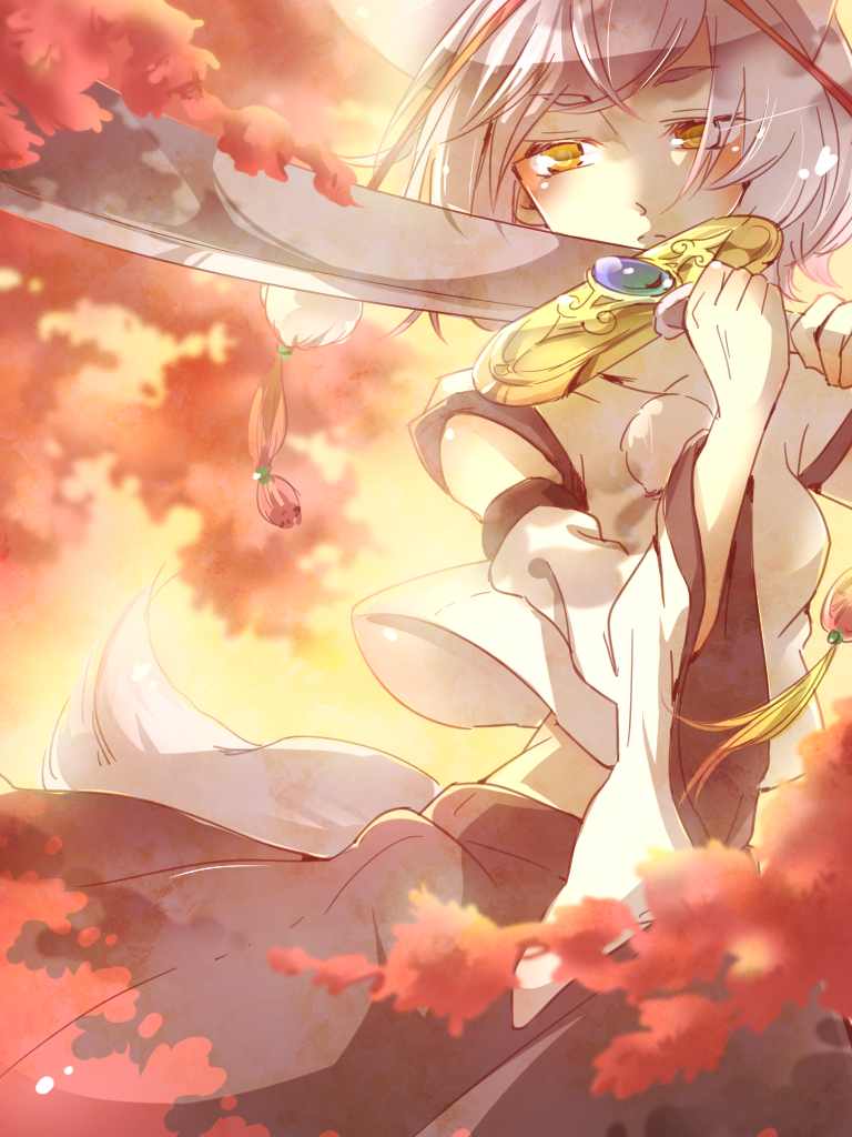 1girl, animal_ears, autumn_leaves, bare_shoulders, breasts, detached_sleeves, inubashiri_momiji, kouho_(matya03)