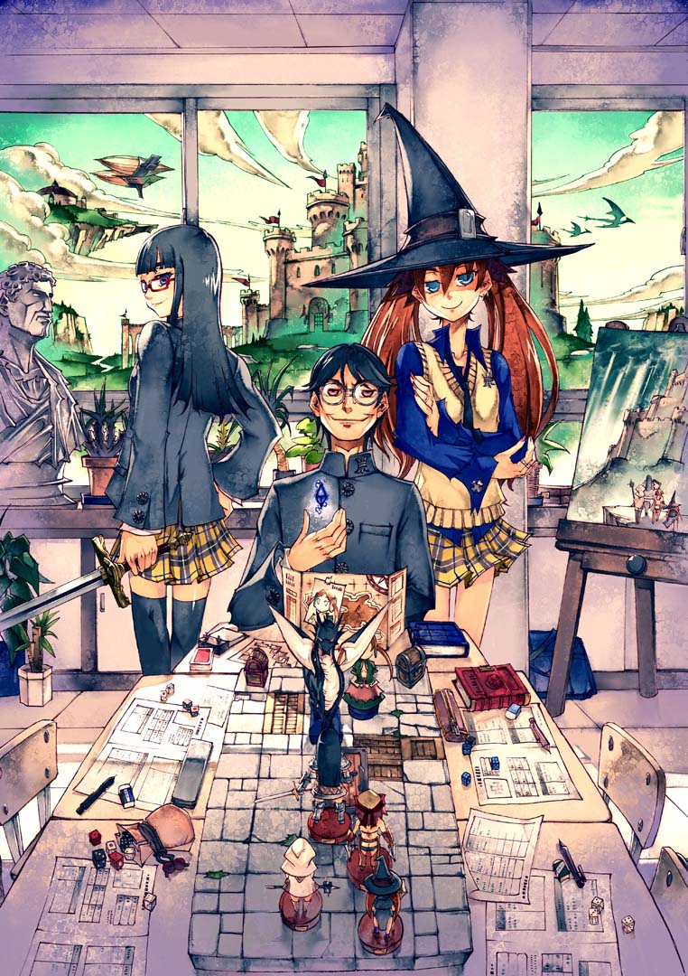 canvas_(object), castle, clubroom, dice, dragon, dungeons_and_dragons, glasses, hat, mechanical_pencil, original, pencil, skirt, sword, tabletop_rpg, thigh-highs, weapon, yoshida_tooru