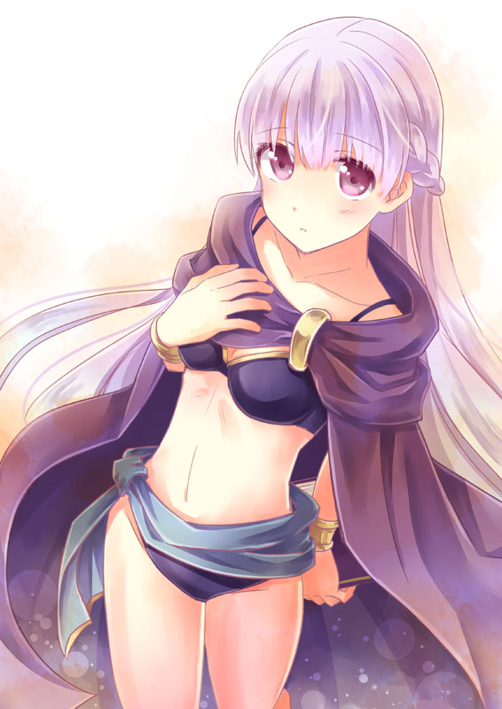 1girl, bikini, blush, book, bracelet, cape, fire_emblem, fire_emblem:_fuuin_no_tsurugi, frown, jewelry, long_hair, purple_hair, sofiya, solo, swimsuit, very_long_hair, violet_eyes, yoshi_(taiko7)