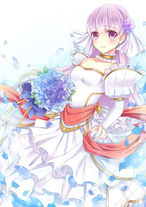1girl, alternate_costume, blush, bouquet, choker, dress, earrings, fire_emblem, fire_emblem:_fuuin_no_tsurugi, flower, jewelry, long_hair, petals, puffy_sleeves, purple_hair, smile, sofiya, solo, very_long_hair, violet_eyes, wedding_dress, yoshi_(taiko7)