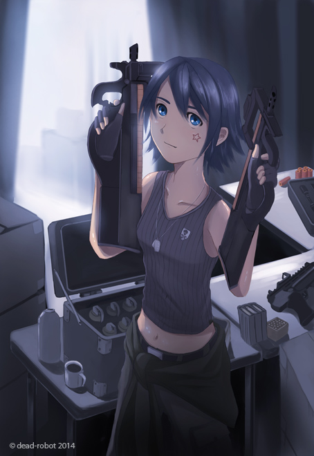 1girl, 2014, ammunition, artist_name, black_hair, blue_eyes, box, bullpup, cardboard_box, clothes_around_waist, coffee_mug, collarbone, curtains, dark, dead-robot, dog_tags, dual_wielding, explosive, facial_mark, finger_on_trigger, fingerless_gloves, gloves, grenade, gun, holding, indoors, jacket_around_waist, light_smile, midriff, navel, original, p90, short_hair, solo, star, submachine_gun, table, tank_top, thermos, weapon, window