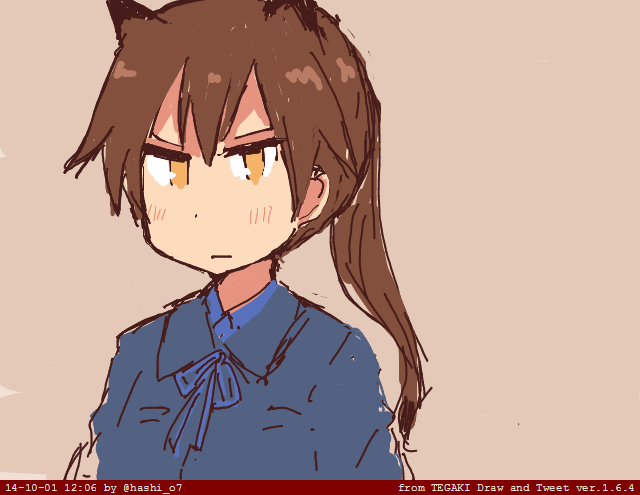 1girl, angela_salas_larrazabal, animal_ears, blue_ribbon, blush, brown_hair, dress_shirt, hashigo