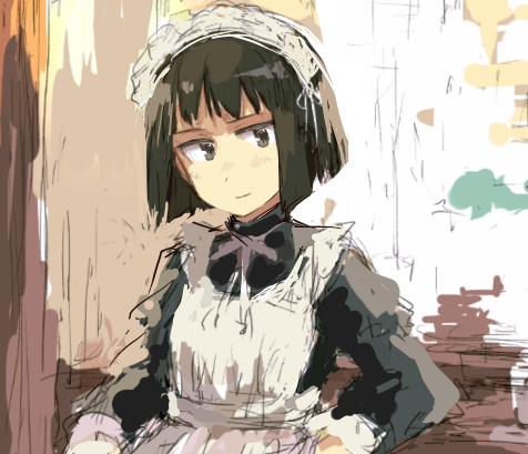 1girl, alternate_costume, apron, black_dress, black_eyes, black_hair, dress, enmaided