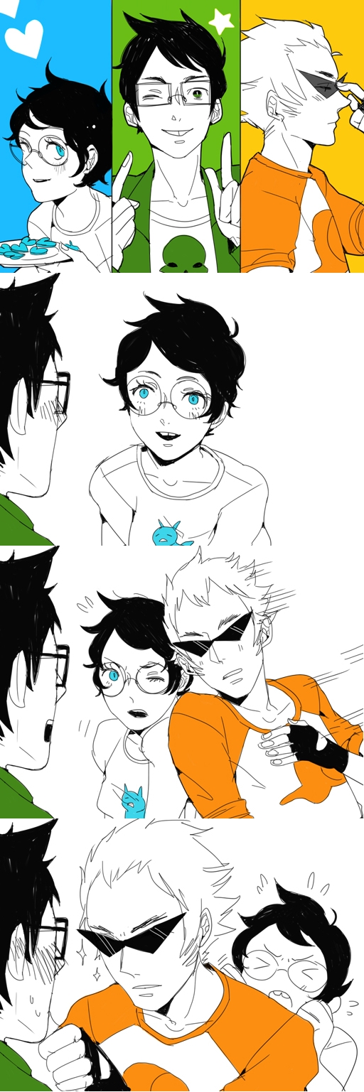 >_<, 1girl, 2boys, black_hair, blonde_hair, blue_eyes, blush, buck_teeth