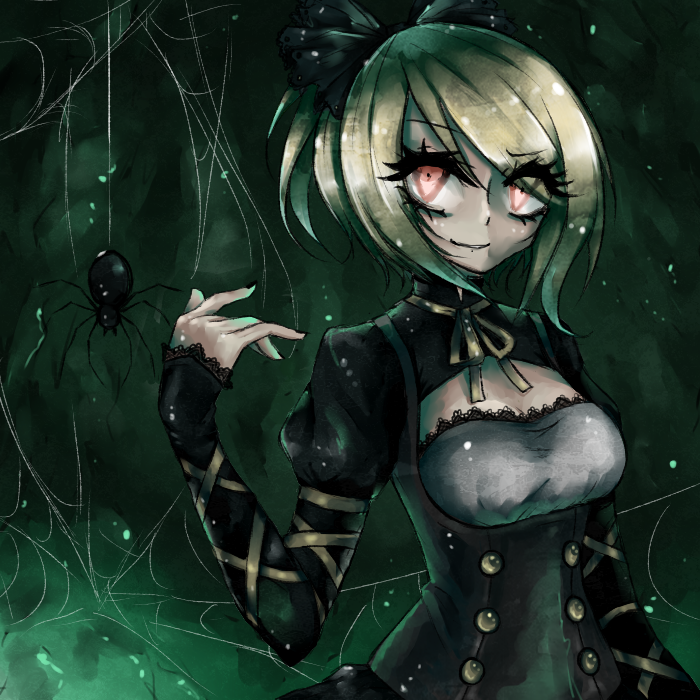 1girl, black_nails, blonde_hair, bow, breasts, cleavage, cleavage_cutout, corset, cross-laced_clothes, embellished_costume, eyelashes, hair_bow, hiyoko_risu, kurodani_yamame, long_sleeves, nail_polish, neck_ribbon, puffy_long_sleeves, puffy_sleeves, red_eyes, ribbon, silk, smile, solo, spider, spider_web, touhou, updo