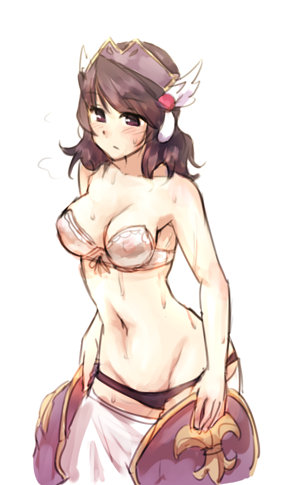1girl, agarest_senki, agarest_senki_(series), bare_shoulders, blush, bra, breasts, cleavage, elaine_(agarest_senki), headdress, lowleg, lowleg_panties, monorus, mound_of_venus, navel, panties, shield, short_hair, solo, strapless_bra, sweat, underwear, white_background