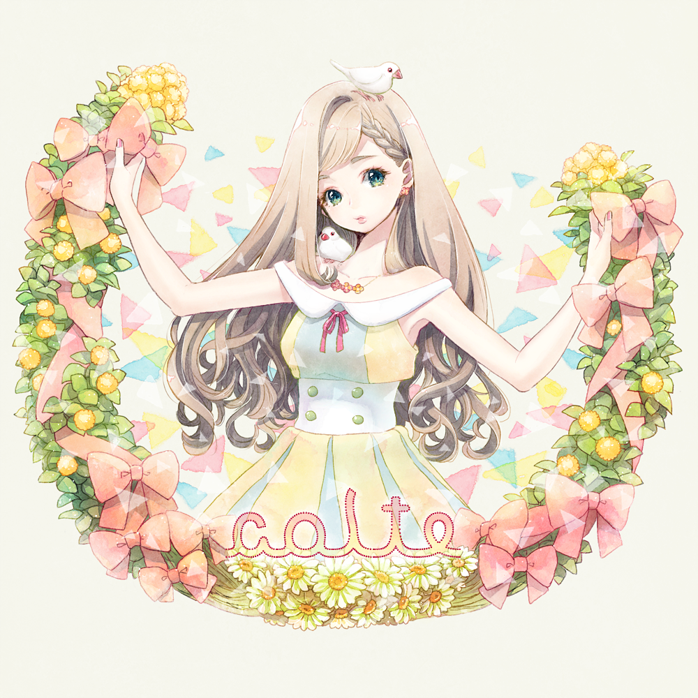 1girl, animal_on_head, animal_on_shoulder, aqua_eyes, bangs, bare_shoulders, bird, bird_on_head, bird_on_shoulder, blonde_hair, bow, braid, cako_asida, curly_hair, dress, earrings, flower, flower_earrings, flower_necklace, java_sparrow, jewelry, long_hair, nail_polish, necklace, original, single_braid, sleeveless, solo