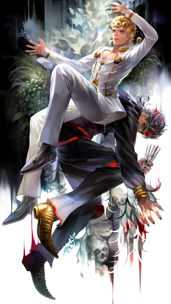 2boys, blonde_hair, dio_brando, father_and_son, flower, giorno_giovanna, glenn343434, highres, jojo_no_kimyou_na_bouken, knife, multiple_boys, pointy_shoes, silver_hair, skull