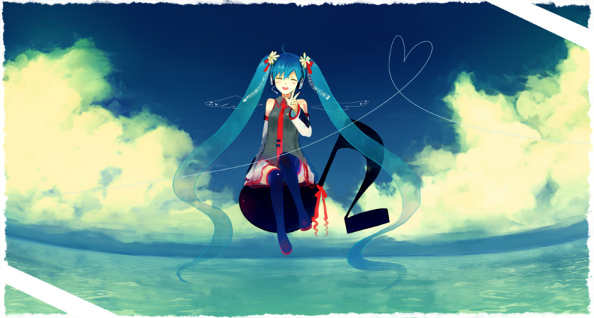 amamizu_(pixiv), aqua_hair, detached_sleeves, hair_ribbon, hatsune_miku, headphones, headset, long_hair