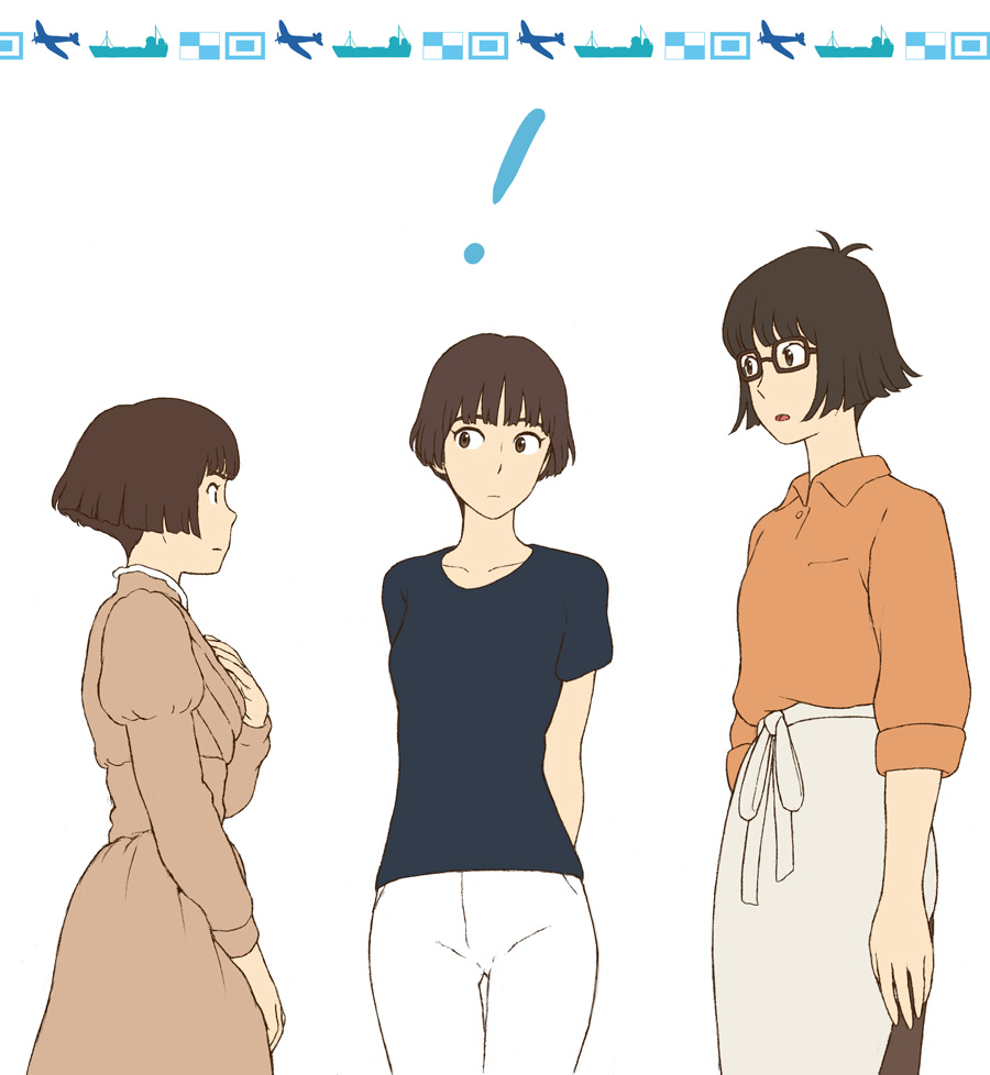 !, 3girls, ahoge, apron, bob_cut, brown_eyes, brown_hair, company_connection, dress, gake_no_ue_no_ponyo, glasses, hirokoji_sachiko, horikoshi_kayo, jas, kaze_tachinu, kokurikozaka_kara, multiple_girls, open_mouth, pants, risa_(ponyo), shirt, short_hair, studio_ghibli, trait_connection, waist_apron