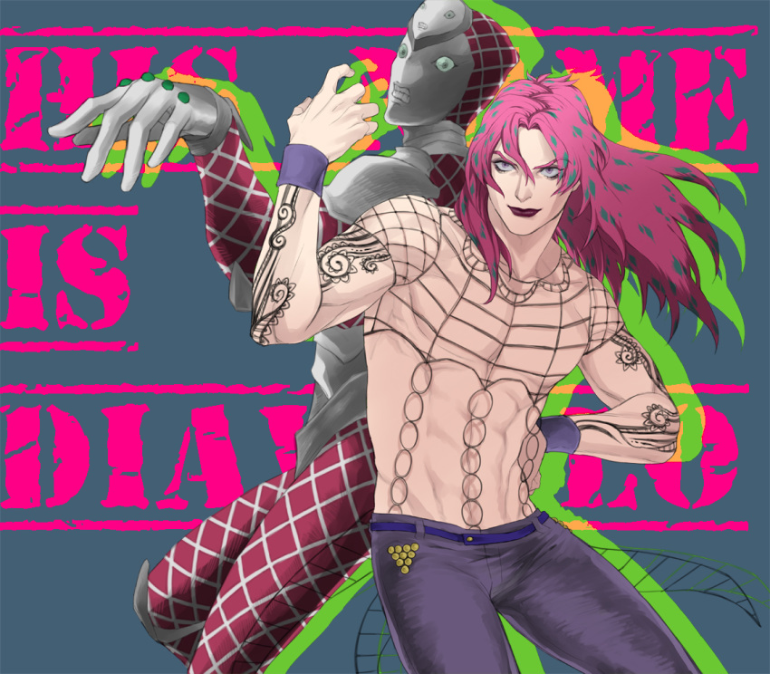 2boys, diavolo, jojo_no_kimyou_na_bouken, king_crimson_(stand), lipstick, long_hair, makeup, multiple_boys