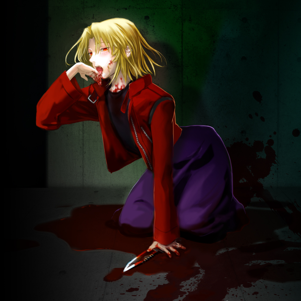 blood, fang, jacket, kara_no_kyoukai, knife, kuroi, male, red_eyes