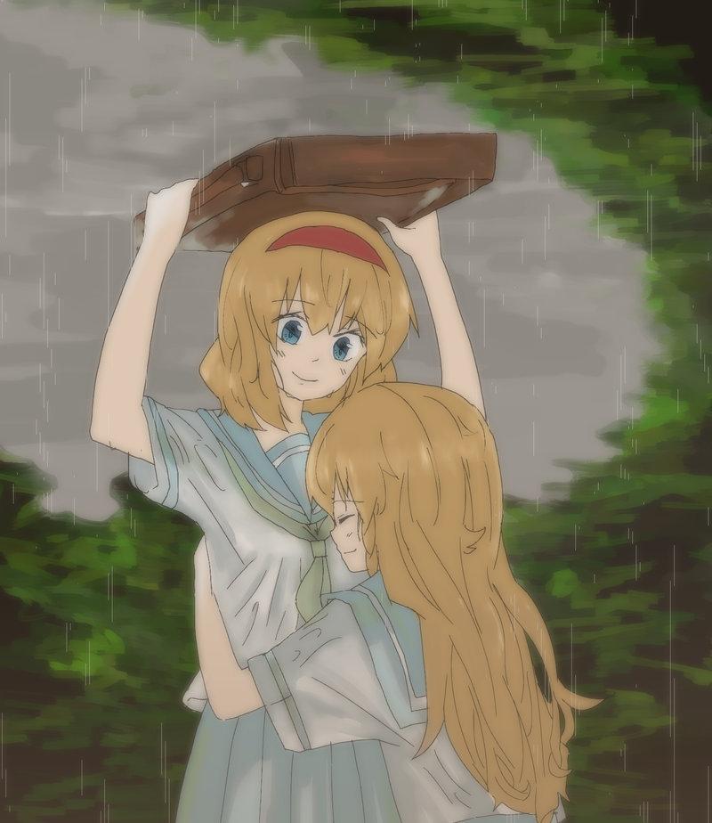 2girls, alice_margatroid, alternate_costume, blonde_hair, blue_eyes, blush, closed_eyes, hairband, hug, kirisame_marisa, long_hair, menbou_(nonnontako), multiple_girls, rain, school_uniform, short_hair, smile, touhou, yuri