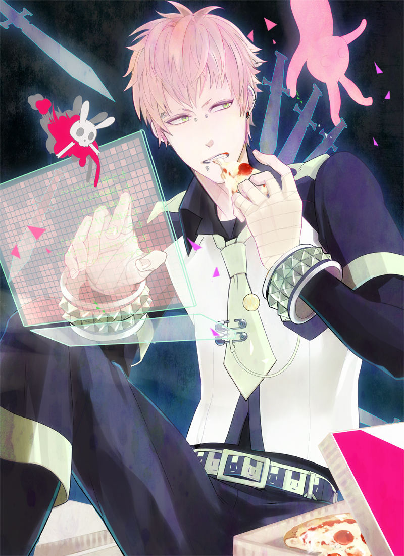 1boy, blonde_hair, bracelet, bridge_piercing, dramatical_murder, earrings, eyebrow_piercing, food