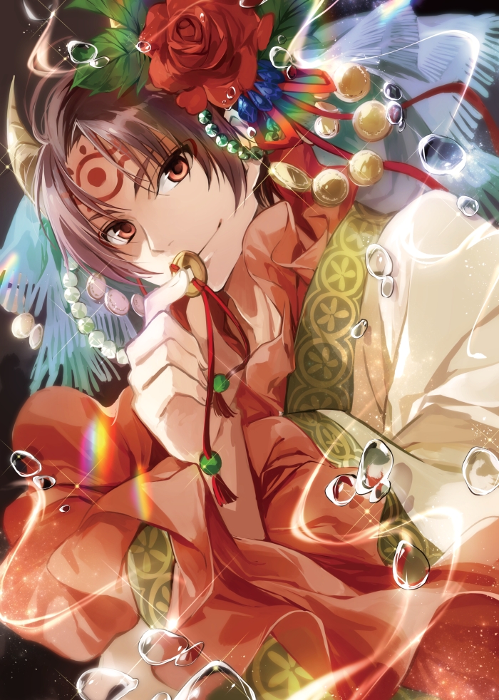 1boy, artist_request, brown_eyes, brown_hair, earrings, facial_mark, hakutaku_(hoozuki_no_reitetsu), hoozuki_no_reitetsu
