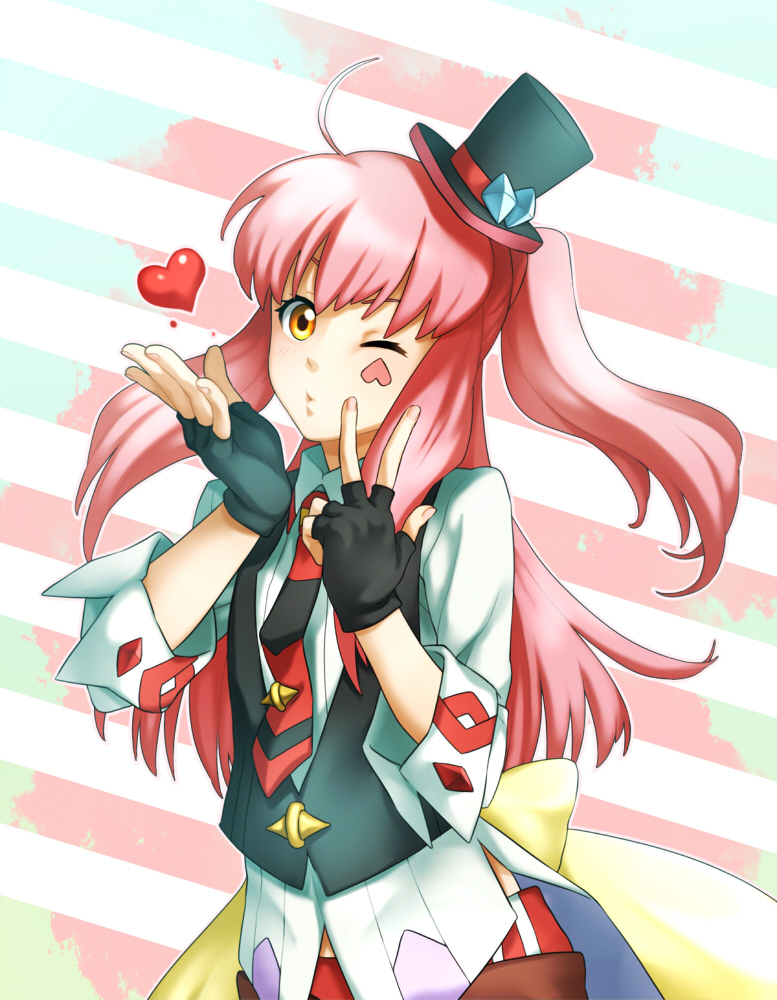 1girl, fingerless_gloves, gloves, hat, heart, log_horizon, mini_top_hat, necktie