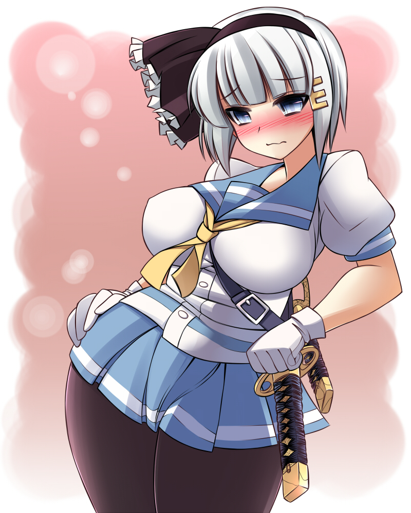 1girl, black_legwear, blouse, blue_eyes, breasts, curvy, gloves, hair_ornament
