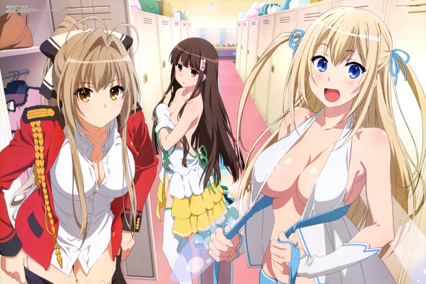 3girls, :d, absurdres, aiguillette, amagi_brilliant_park, antenna_hair, bare_shoulders, black_hair