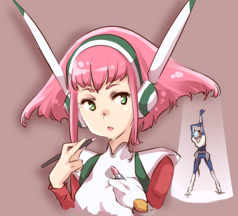 1boy, 1girl, barara_peol, green_eyes, gundam, gundam_g_no_reconguista, lipstick, makeup