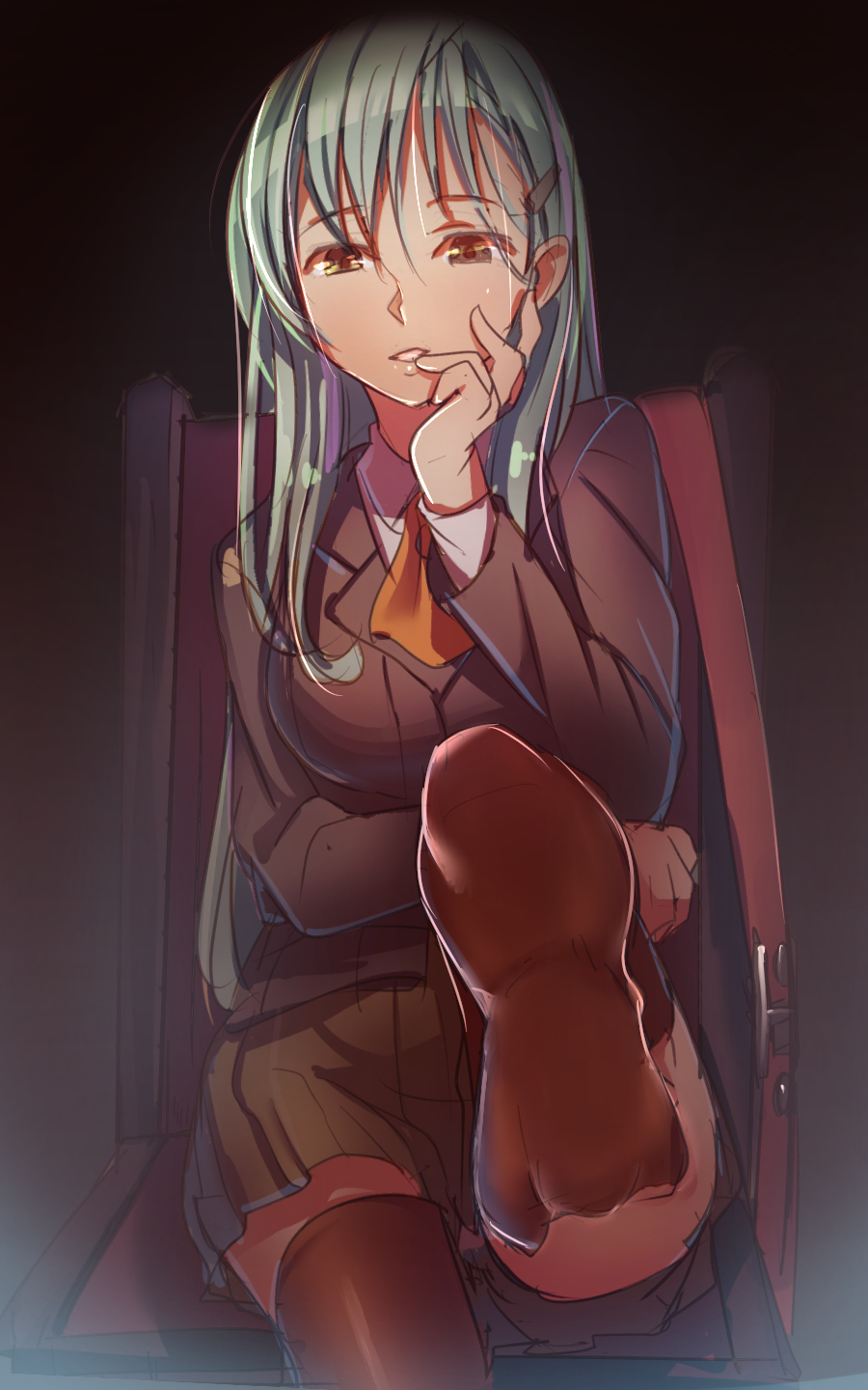 1girl, aqua_hair, ascot, black_legwear, breast_hold, feet, foreshortening, hair_ornament