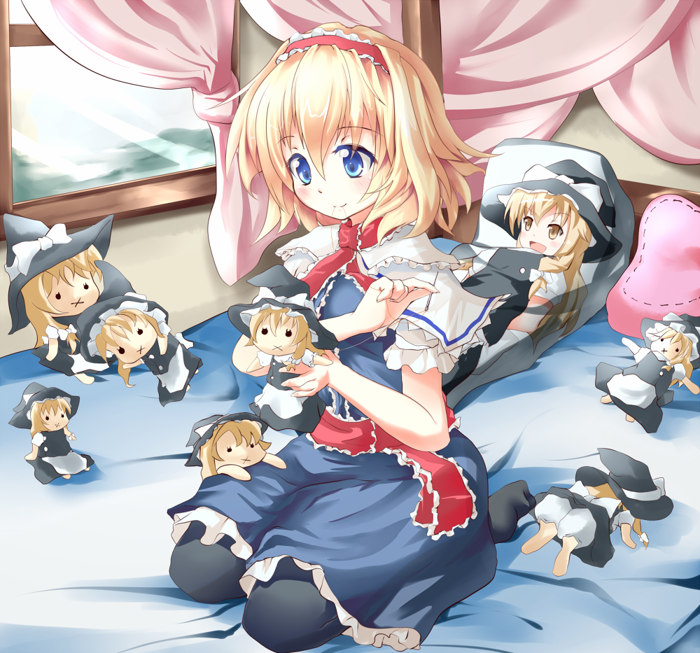 1girl, :x, alice_margatroid, apron, bed, black_dress, blonde_hair, bloomers