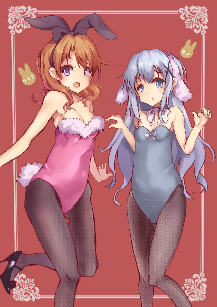 2girls, animal_ears, blue_eyes, blue_hair, bowtie, brown_hair, bunnysuit, fishnet_pantyhose