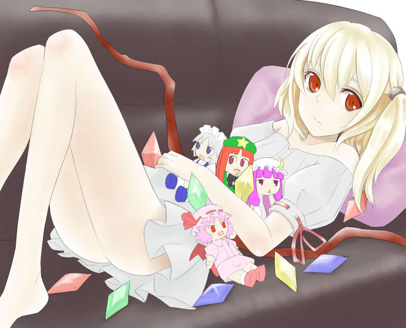 bare_shoulders, bat_wings, blonde_hair, casual, character_doll, chibi, couch, doll, dress, flandre_scarlet, hat, hong_meiling, izayoi_sakuya, long_hair, lying, maid, maid_headdress, nonowa, patchouli_knowledge, purple_eyes, purple_hair, red_eyes, red_hair, redhead, remilia_scarlet, short_hair, side_ponytail, silver_hair, touhou, violet_eyes, wings, yuu_(archaic_smile)