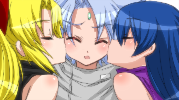 blonde_hair, blue_hair, blush, bow, closed_eyes, derivative_work, eve_neuschwanstein, kiss