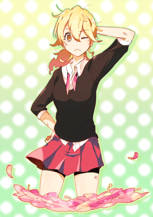 1girl, bangs, blonde_hair, collared_shirt, cowboy_shot, flower, hand_behind_head, lass_(pokemon)