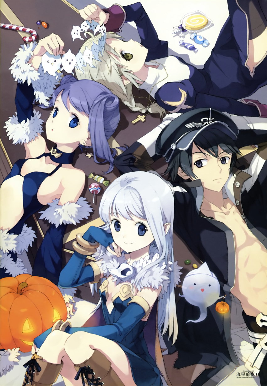 absurdres, alchemist_(ragnarok_online), bare_shoulders, boots, candy, cape, detached_sleeves, earrings, gunslinger, highres, jewelry, priest, priest_(ragnarok_online), ragnarok_online, rosary, stalker, thighhighs, tiv
