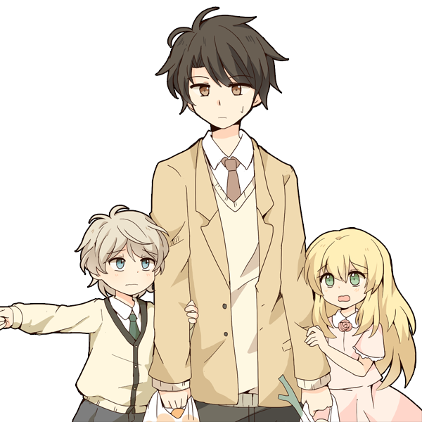 1girl, 2boys, aldnoah.zero, asseylum_vers_allusia, blonde_hair, blue_eyes, brown_eyes, brown_hair, dress, green_eyes, kaizuka_inaho, long_hair, multiple_boys, necktie, rabi_(swordofthestone), short_hair, slaine_troyard, sweater, younger